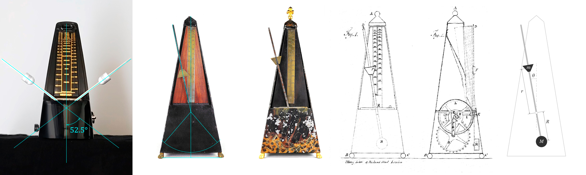 **Mechanical metronomes.** From left to right, a contemporary Neewer© NW-707, TB 06, TB 07 (both from Tony Bingham's _Metronomes and Musical Time_), Maelzel's patent, and a diagram depicting the main parameters of the model.